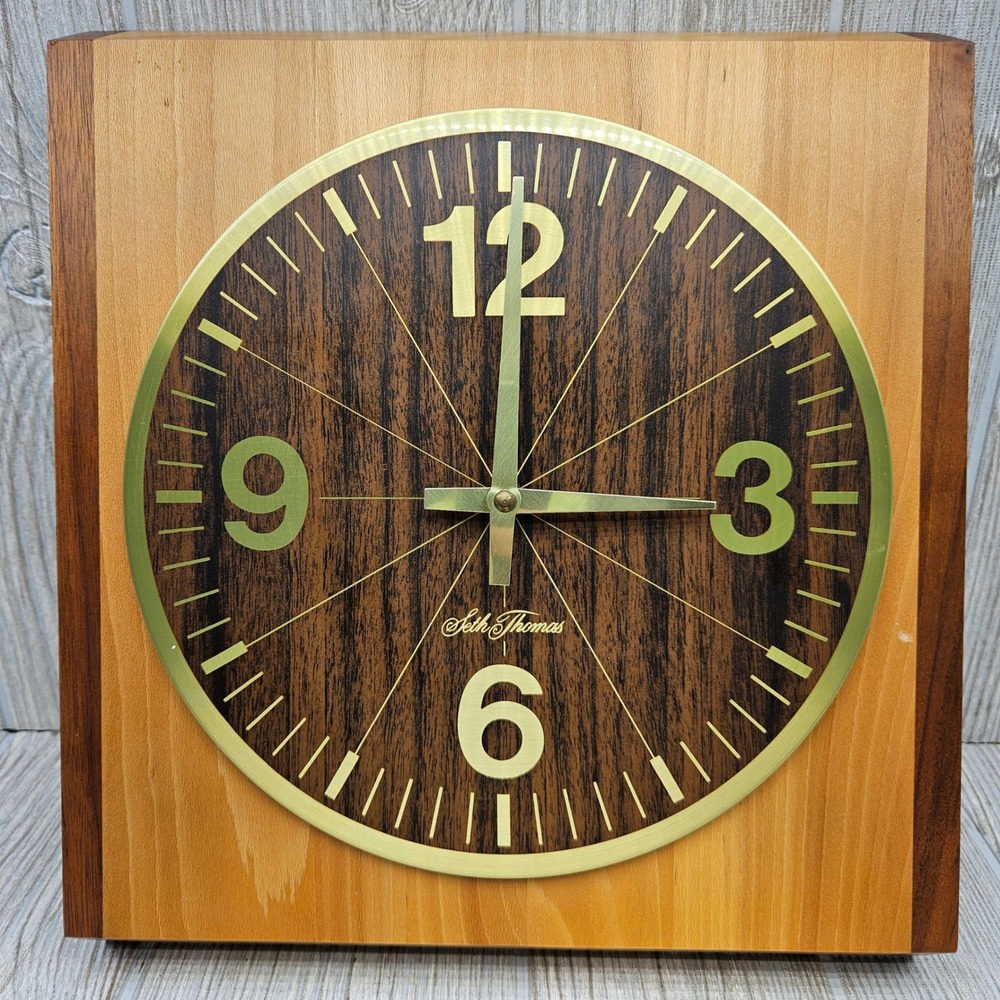 Seth Thomas Satinwood Wall‎ Clock Mid Century Modern Wood Block 2540-000 Vintage